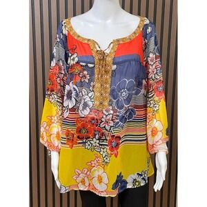 Anthropologie Fig & Flower Women's 2X Yellow Blouse Polyester Tunic Floral Boho